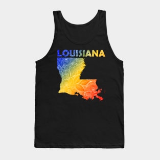 Colorful mandala art map of Louisiana with text in blue, yellow, and red Tank Top